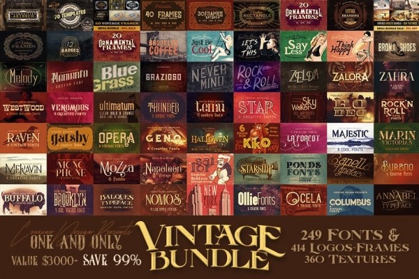 Vintage Bundle 249 Fonts & 414 Logos - Graphic Designs